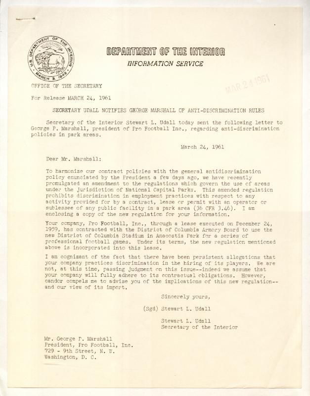 Letter to George P. Marshall, 1961