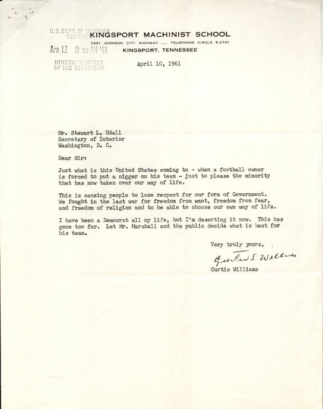 Letter from Curtis Williams, 1961