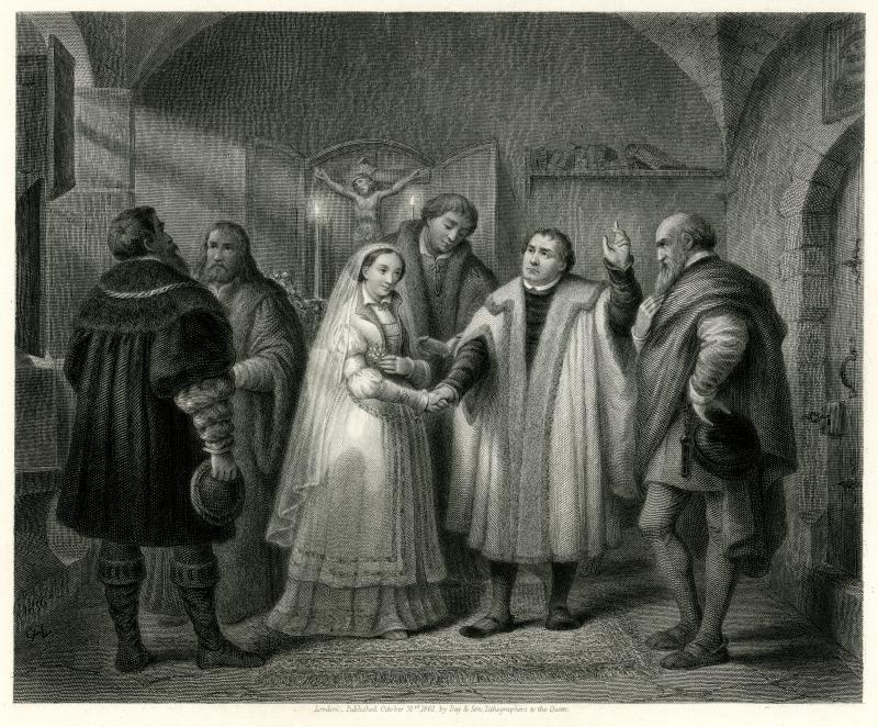 The Marriage, Luther marries Catherine Von Bora on June 13, 1525. In attendance: Lucas Cranach, Reichenback, Pomeranus and Apelles.