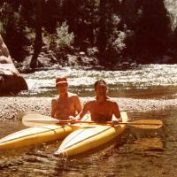 Morris and Stewart Udall kayaking the river, 1970s