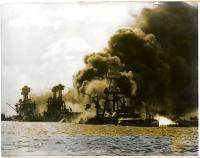 Mast of USS Arizona Engulfed in Flames during Pearl Harbor Attack
